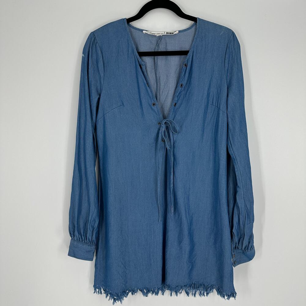 Lovers + Friends Denim Raw Hem Lace Up Dress Tencel Blue Womens Small
